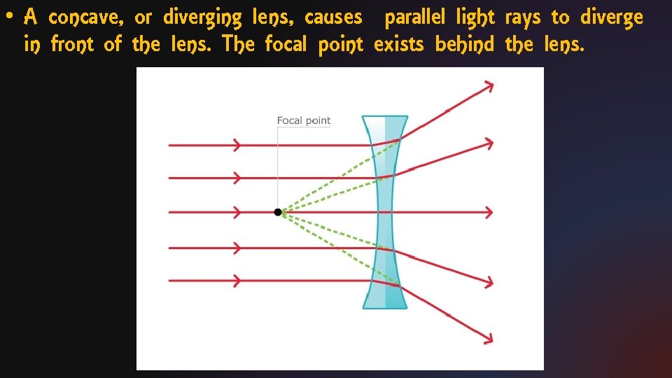  • A concave, or diverging lens, causes parallel light rays to diverge in