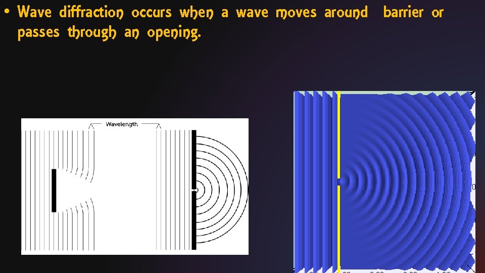  • Wave diffraction occurs when a wave moves around barrier or passes through