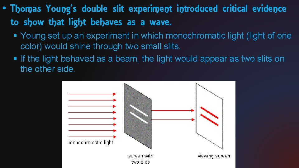  • Thomas Young’s double slit experiment introduced critical evidence to show that light