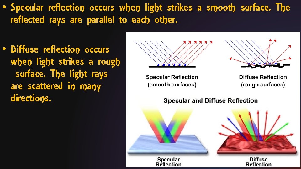  • Specular reflection occurs when light strikes a smooth surface. The reflected rays