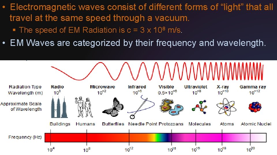  • Electromagnetic waves consist of different forms of “light” that all travel at