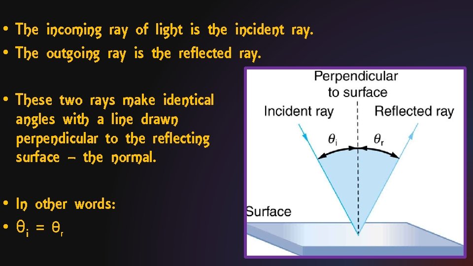  • The incoming ray of light is the incident ray. • The outgoing