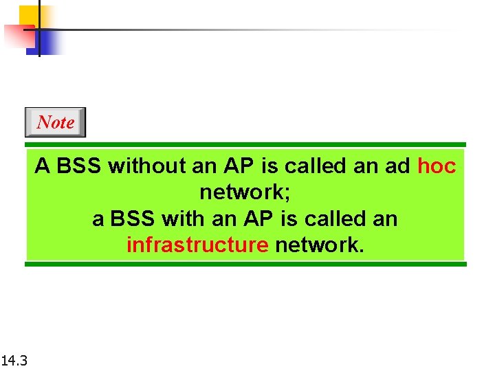 Note A BSS without an AP is called an ad hoc network; a BSS