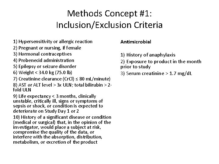 Methods Concept #1: Inclusion/Exclusion Criteria 1) Hypersensitivity or allergic reaction 2) Pregnant or nursing,