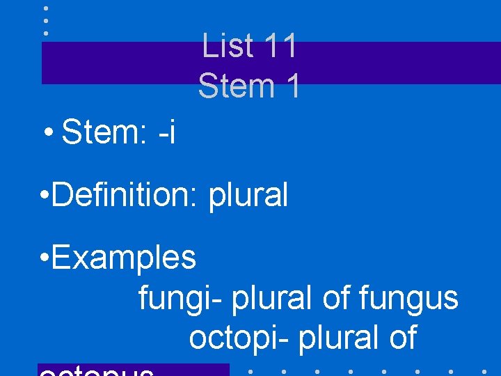 List 11 Stem 1 • Stem: -i • Definition: plural • Examples fungi- plural