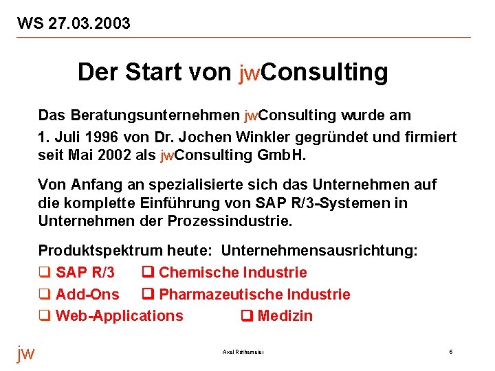 WS 27. 03. 2003 Der Start von jw. Consulting Das Beratungsunternehmen jw. Consulting wurde