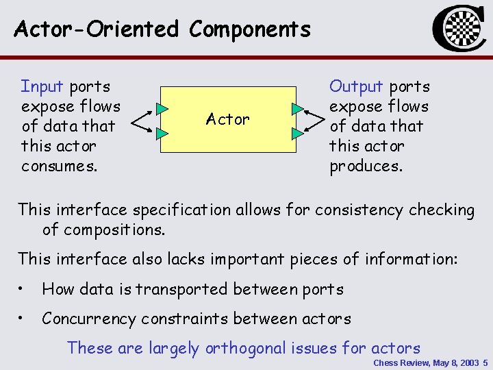 Actor-Oriented Components Input ports expose flows of data that this actor consumes. Actor Output
