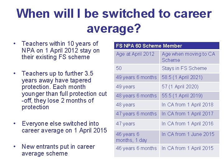 When will I be switched to career average? • Teachers within 10 years of
