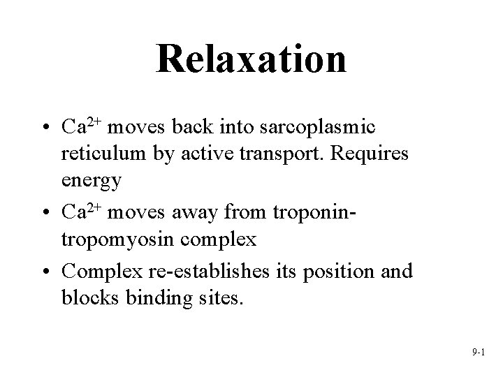 Relaxation • Ca 2+ moves back into sarcoplasmic reticulum by active transport. Requires energy