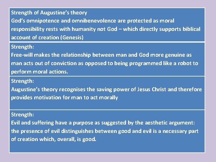 Strength of Augustine’s theory … God’s omnipotence and omnibenevolence are protected as moral responsibility