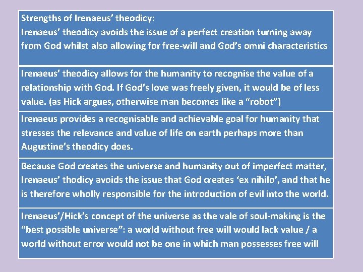 Strengths of Irenaeus’ theodicy: Irenaeus’ theodicy avoids the issue of a perfect creation turning