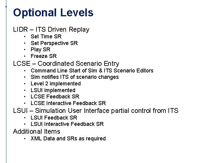 Optional Levels LIDR – ITS Driven Replay • • Set Time SR Set Perspective