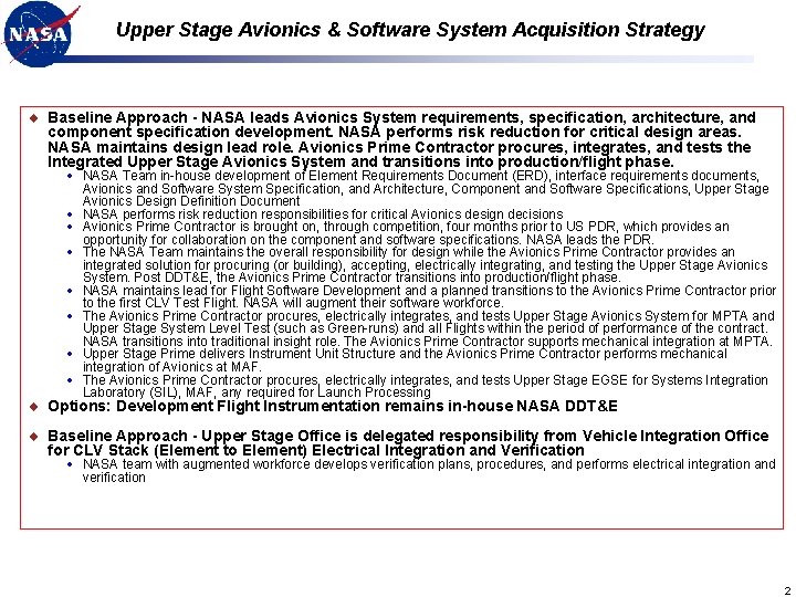 Upper Stage Avionics & Software System Acquisition Strategy Baseline Approach - NASA leads Avionics