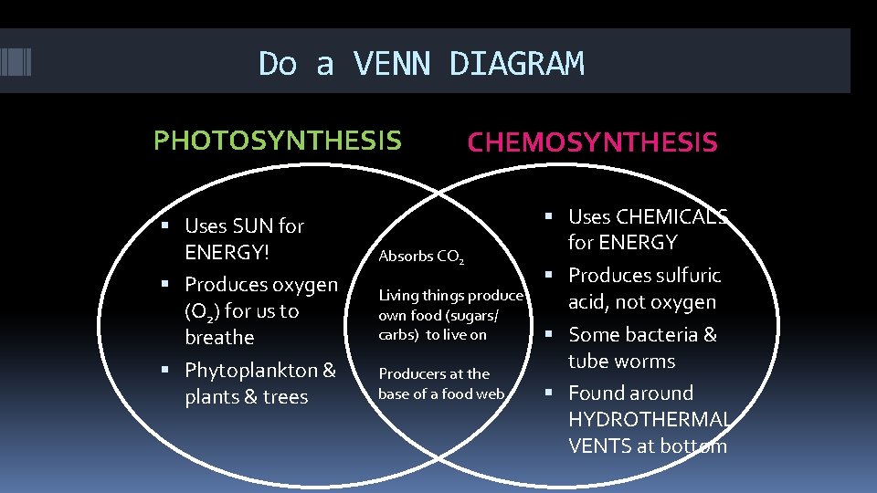 Do a VENN DIAGRAM PHOTOSYNTHESIS CHEMOSYNTHESIS Uses SUN for ENERGY! Absorbs CO 2 Produces