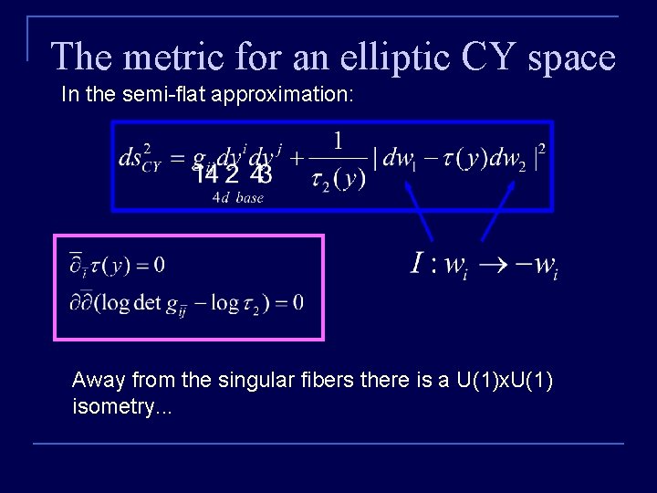 The metric for an elliptic CY space In the semi-flat approximation: Away from the