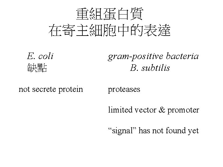 重組蛋白質 在寄主細胞中的表達 E. coli 缺點 not secrete protein gram-positive bacteria B. subtilis proteases limited