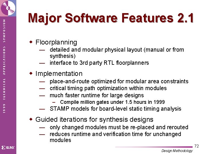 Major Software Features 2. 1 w Floorplanning — detailed and modular physical layout (manual