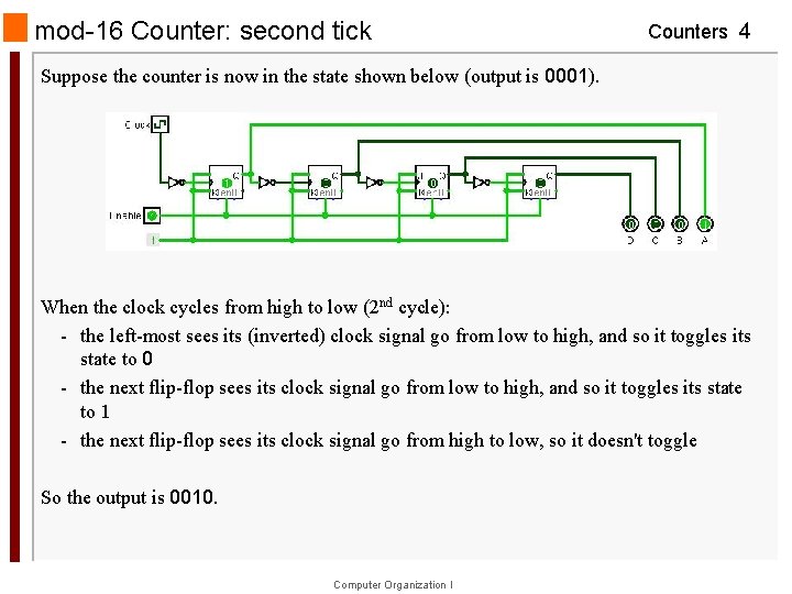 mod-16 Counter: second tick Counters 4 Suppose the counter is now in the state