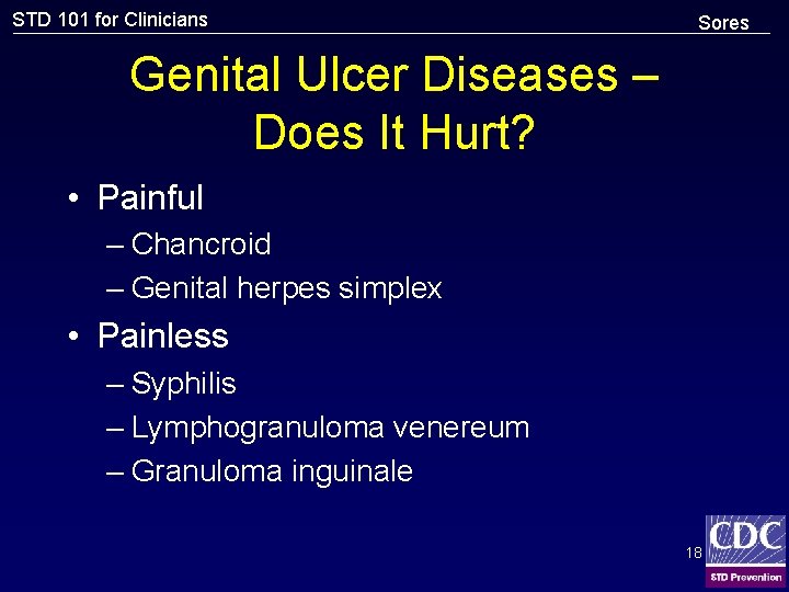 STD 101 for Clinicians Sores Genital Ulcer Diseases – Does It Hurt? • Painful