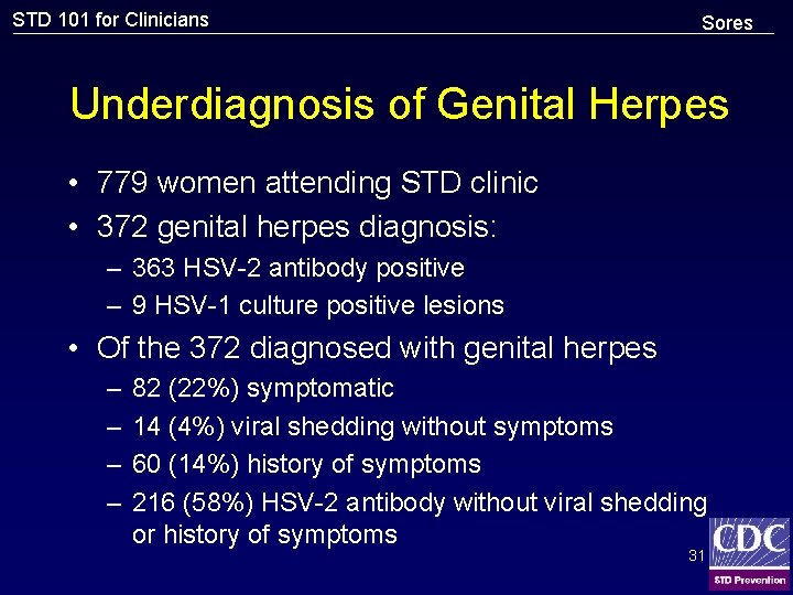 STD 101 for Clinicians Sores Underdiagnosis of Genital Herpes • 779 women attending STD