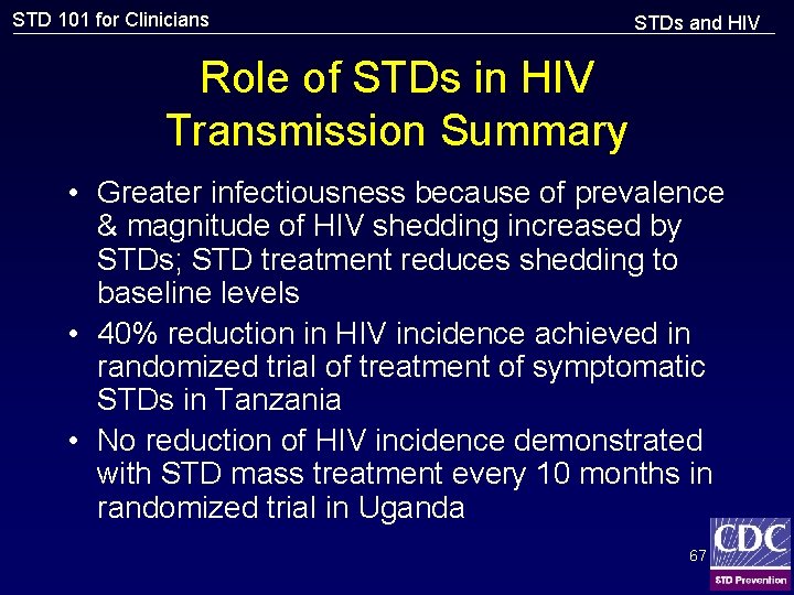 STD 101 for Clinicians STDs and HIV Role of STDs in HIV Transmission Summary