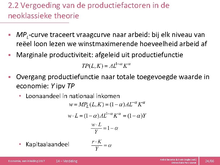 2. 2 Vergoeding van de productiefactoren in de neoklassieke theorie MPL-curve traceert vraagcurve naar