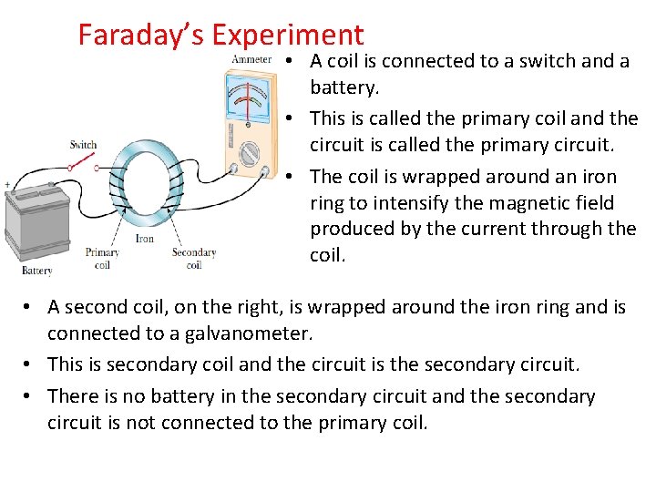 Faraday’s Experiment • A coil is connected to a switch and a battery. •
