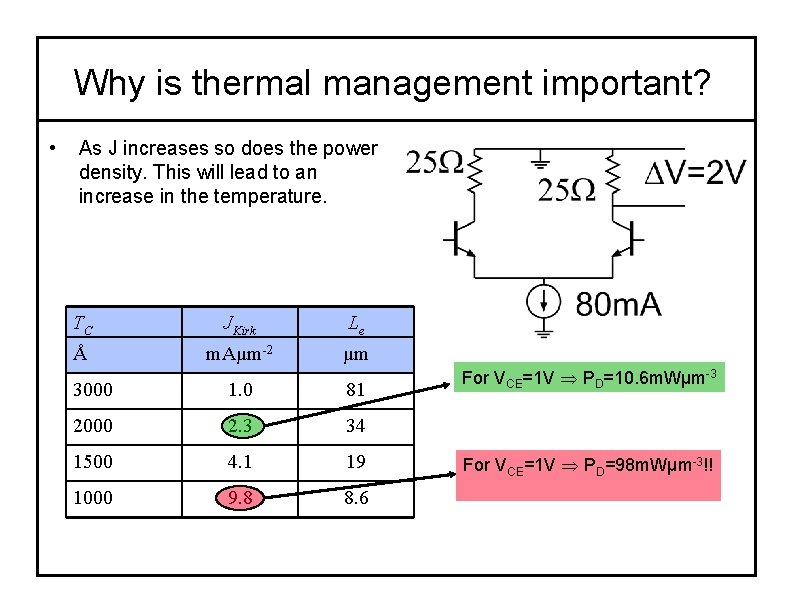 Why is thermal management important? • As J increases so does the power density.