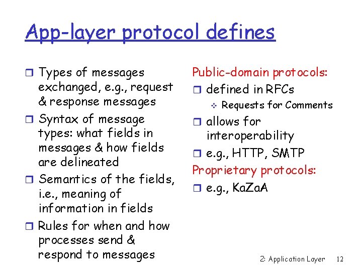 App-layer protocol defines r Types of messages exchanged, e. g. , request & response