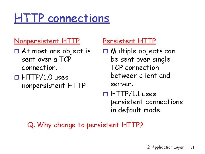 HTTP connections Nonpersistent HTTP r At most one object is sent over a TCP