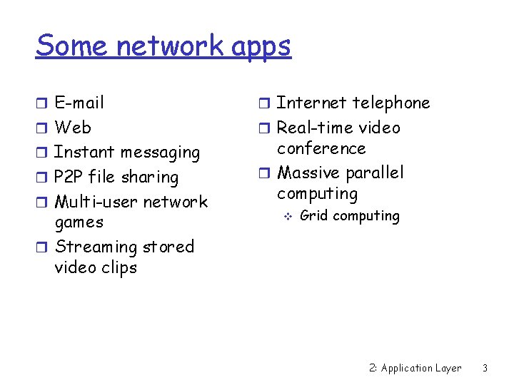 Some network apps r E-mail r Internet telephone r Web r Real-time video r