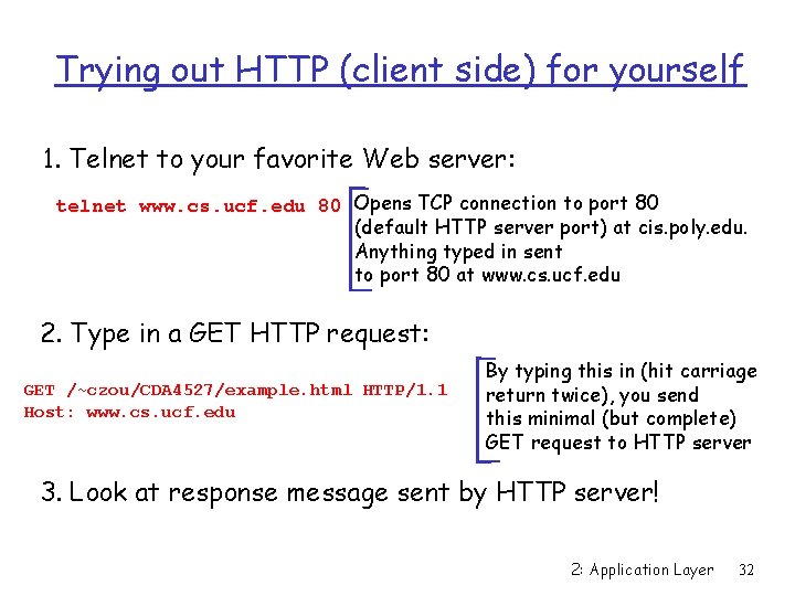 Trying out HTTP (client side) for yourself 1. Telnet to your favorite Web server: