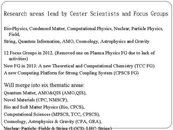 Research areas lead by Center Scientists and Focus Groups Bio-Physics, Condensed Matter, Computational Physics, Research areas lead by Center Scientists and Focus Groups Bio-Physics, Condensed Matter, Computational Physics,