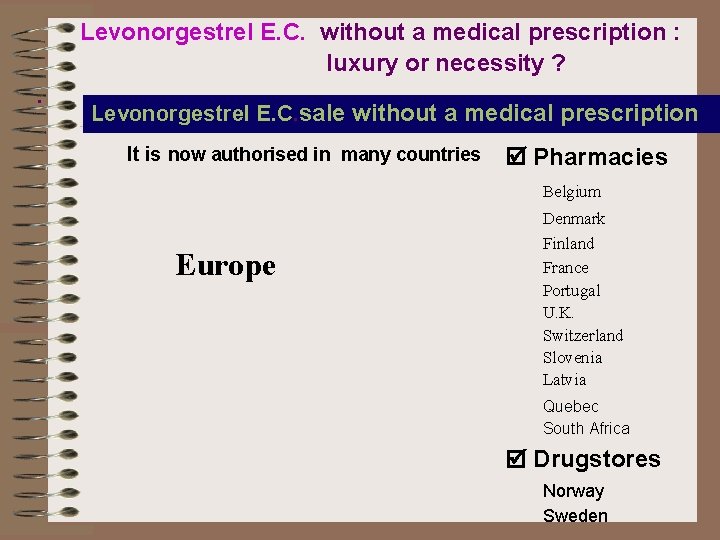 Levonorgestrel E. C. without a medical prescription : luxury or necessity ? . Levonorgestrel