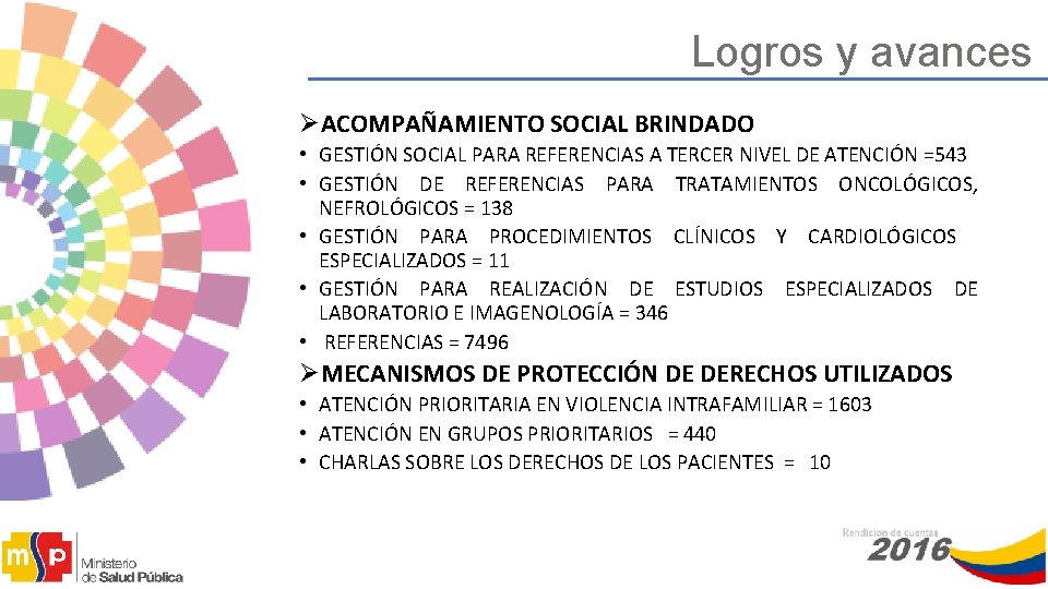 Logros y avances ØACOMPAÑAMIENTO SOCIAL BRINDADO • GESTIÓN SOCIAL PARA REFERENCIAS A TERCER NIVEL