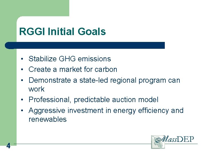 RGGI Initial Goals • Stabilize GHG emissions • Create a market for carbon •