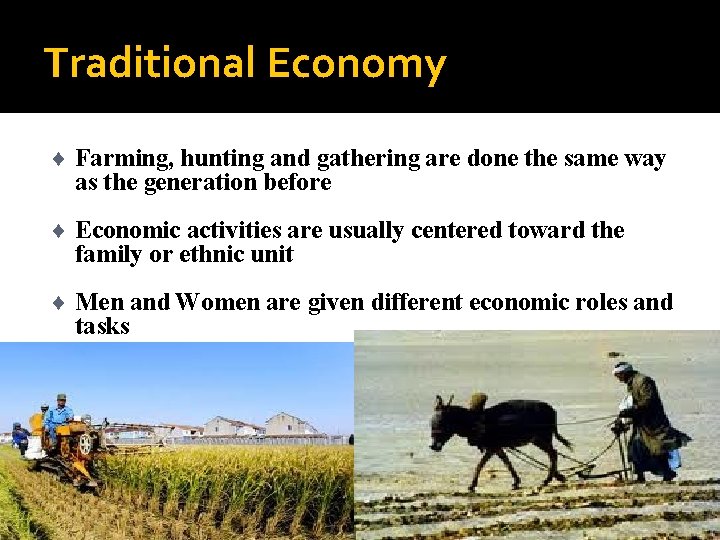 Traditional Economy ¨ Farming, hunting and gathering are done the same way as the