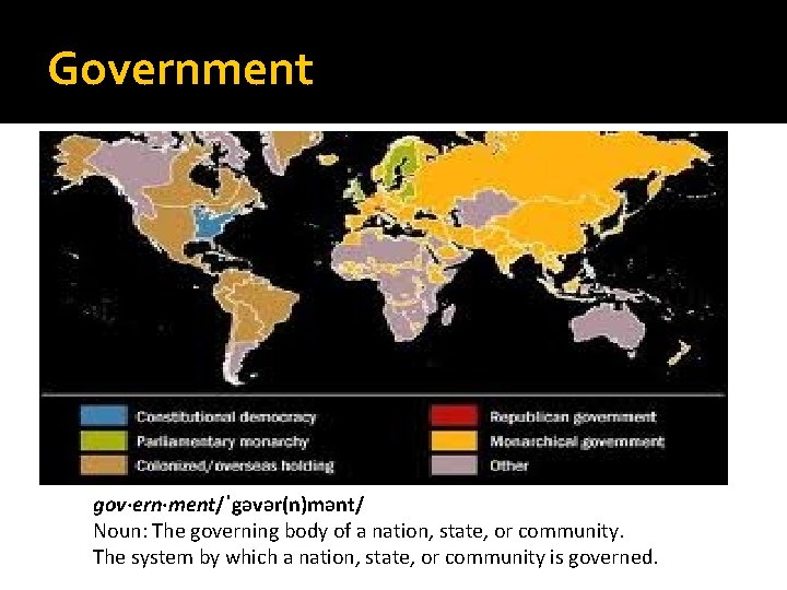 Government gov·ern·ment/ˈgəvər(n)mənt/ Noun: The governing body of a nation, state, or community. The system