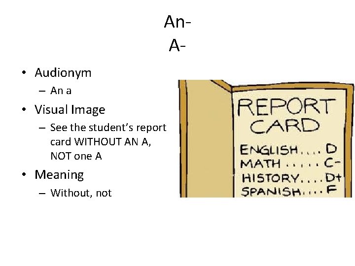 An. A • Audionym – An a • Visual Image – See the student’s