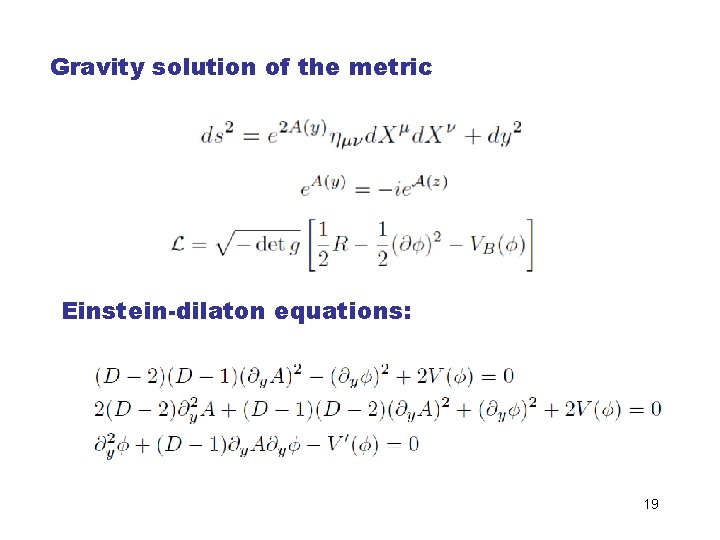 Gravity solution of the metric Einstein-dilaton equations: 19 Gravity solution of the metric Einstein-dilaton equations: 19