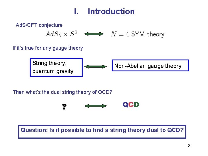 I. Introduction Ad. S/CFT conjecture If it’s true for any gauge theory String theory, I. Introduction Ad. S/CFT conjecture If it’s true for any gauge theory String theory,