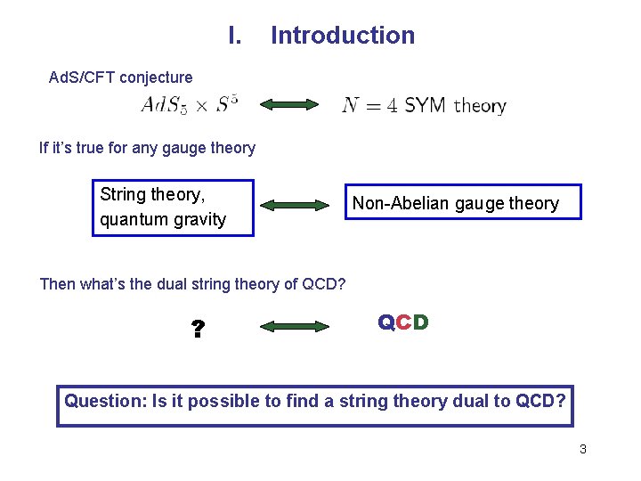 I. Introduction Ad. S/CFT conjecture If it’s true for any gauge theory String theory,