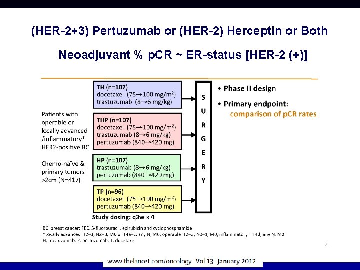 (HER-2+3) Pertuzumab or (HER-2) Herceptin or Both Neoadjuvant % p. CR ~ ER-status [HER-2