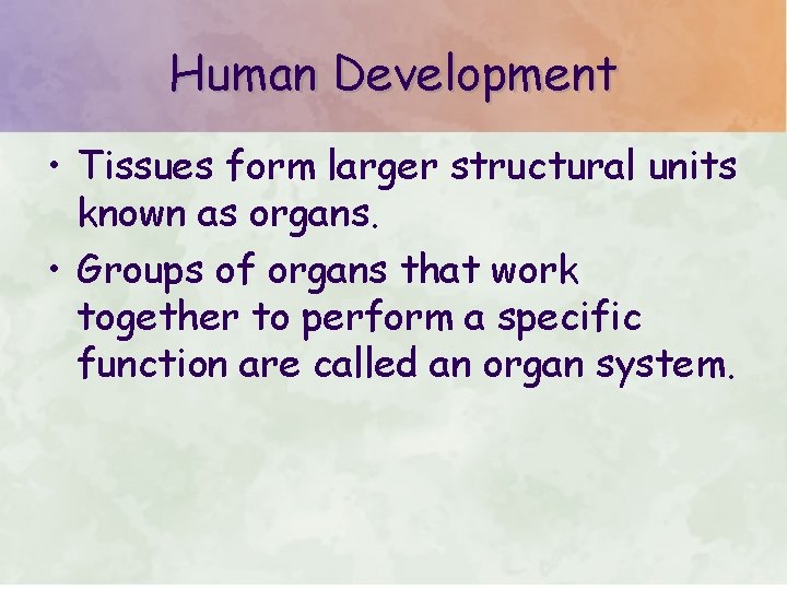 Human Development • Tissues form larger structural units known as organs. • Groups of