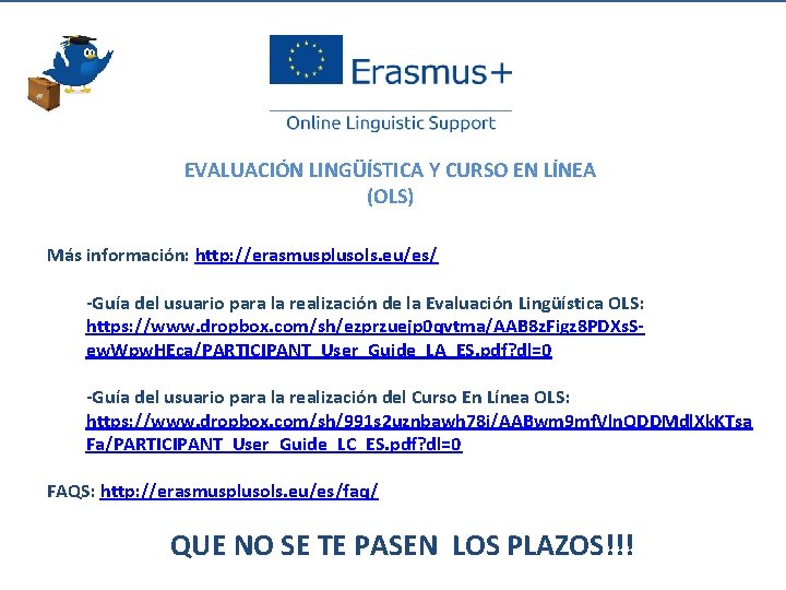 EVALUACIÓN LINGÜÍSTICA Y CURSO EN LÍNEA (OLS) Más información: http: //erasmusplusols. eu/es/ -Guía del