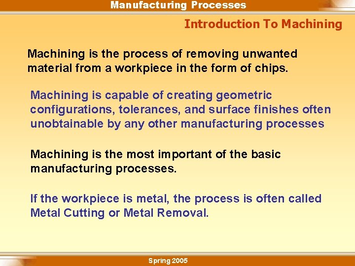 Manufacturing Processes Introduction To Machining is the process of removing unwanted material from a