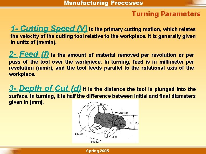 Manufacturing Processes Turning Parameters 1 - Cutting Speed (V) is the primary cutting motion,