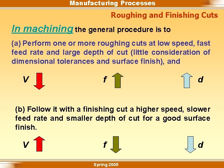 Manufacturing Processes Roughing and Finishing Cuts In machining the general procedure is to (a)