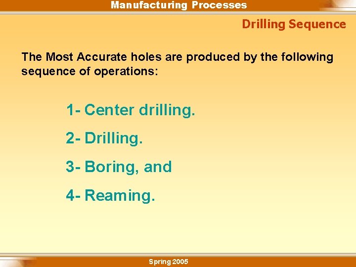 Manufacturing Processes Drilling Sequence The Most Accurate holes are produced by the following sequence