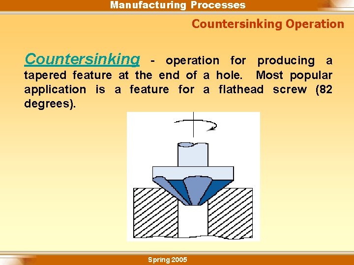 Manufacturing Processes Countersinking Operation Countersinking - operation for producing a tapered feature at the